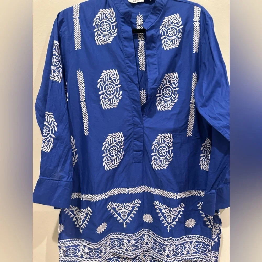 Zara blue cotton tunic top contrasting embroidery Size Small 2800 - Picture 2 of 12